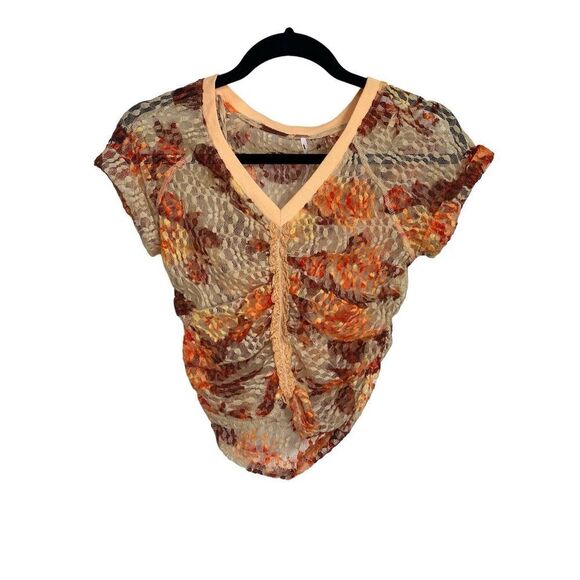 Free People Top Womens XS Orange Crop Top Solana Floral Lace Ruched Front BOHO - Picture 1 of 9